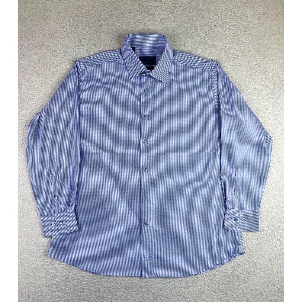 David Donahue Mens 17.5 32/33 Blue Gingham‎ Performance Trim Fit Dress Shirt